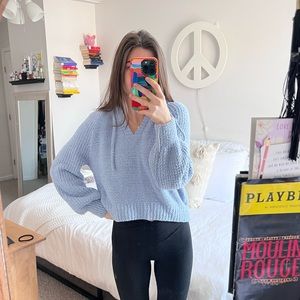 super soft never worn periwinkle blue hooded sweater/sweatshirt. size small.